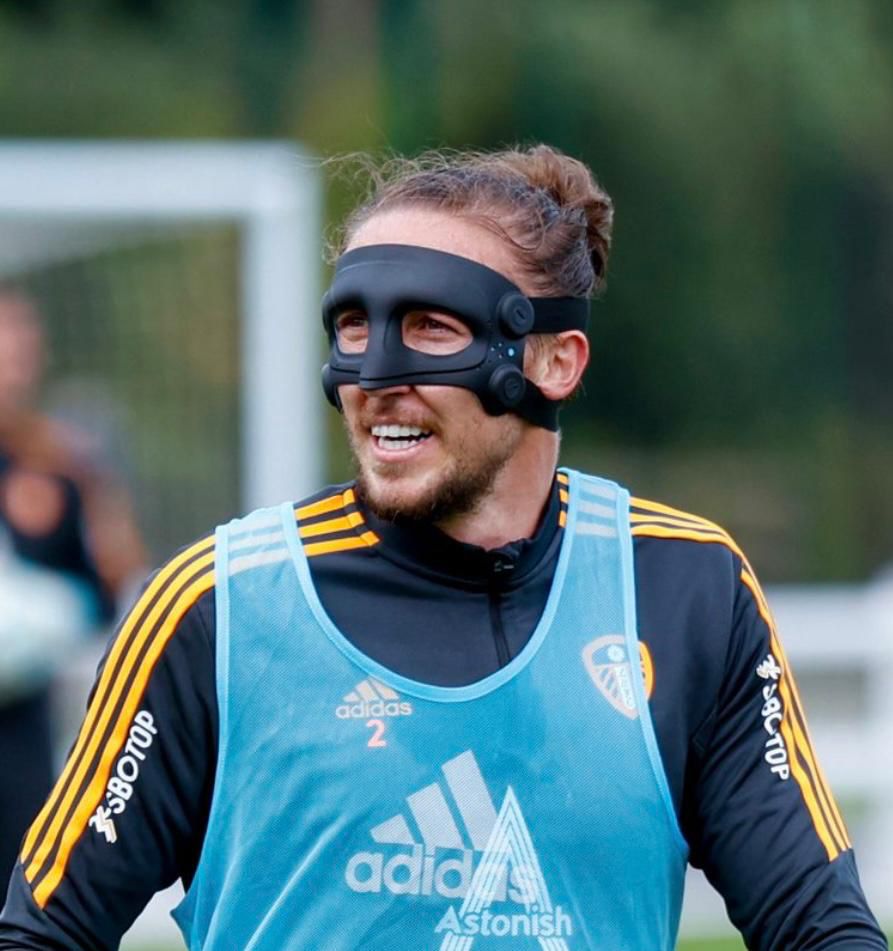 Luke Ayling wearing a protective face mask made by Crispin Orthotics