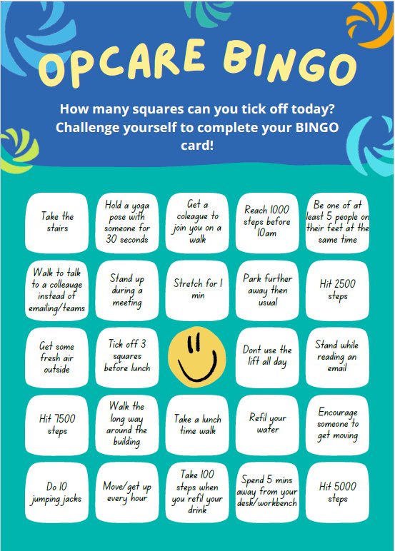 Opcare Bingo card with 24 movement challenges, such as taking the stairs, a lunchtime walk and 10 jumping jacks