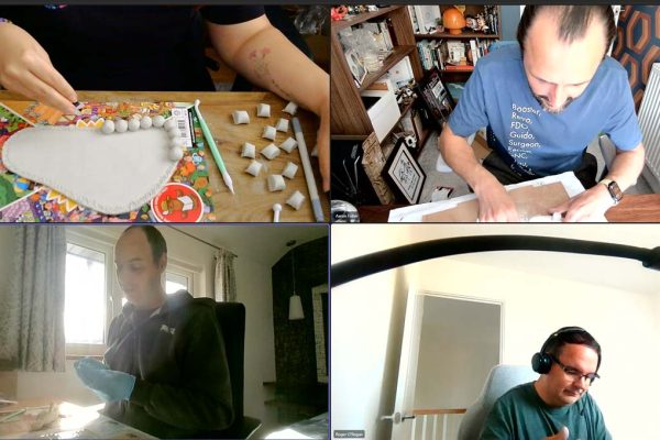 Teams call showing Amy, Aaron, Konstantin and Roger sculpting clay at their desks at home