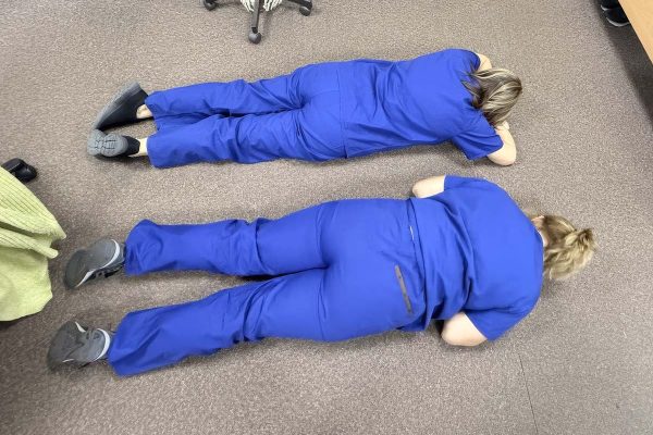 Two colleagues in blue scrubs lying face down side by side on the carpet, recreating an album cover